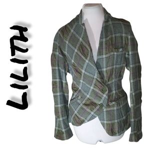 Lilith Green Purple Ruched Asymmetrical Blazer Small